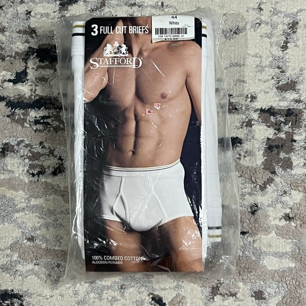 Vintage Mens JC Penney Stafford Full-Cut Briefs 3Pk Underwear White Cotton Sz 44